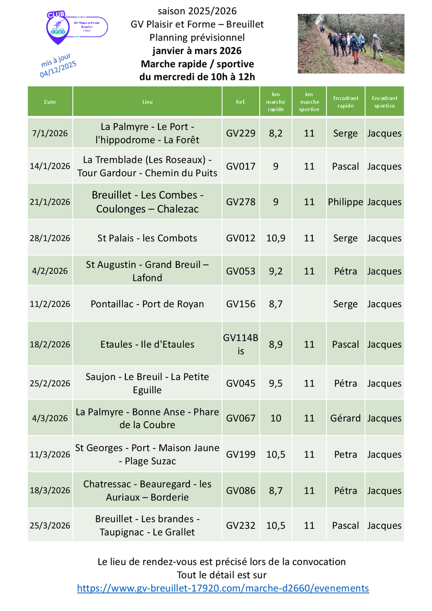 Le programme des marches du mercredi 10h - 12h pour le 1er trimestre 2026