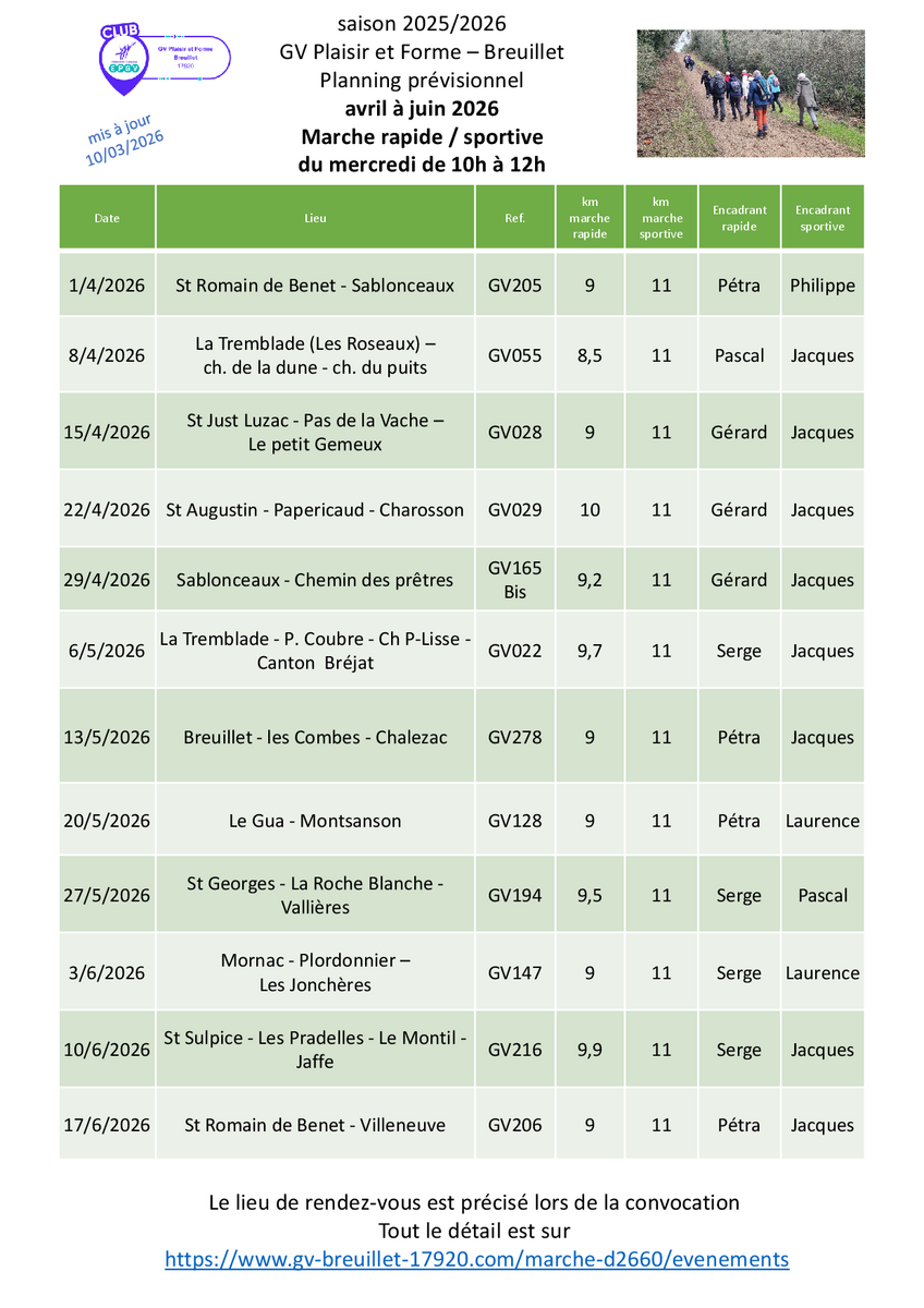 Le programme des marches du mercredi 10h - 12h pour le 2ème trimestre 2026