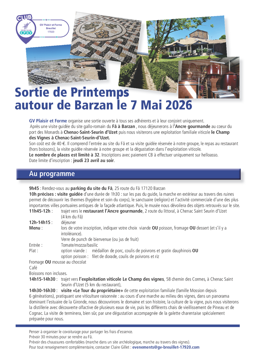 Sortie de printemps "Autour de Barzan" le jeudi 07 mai 2026 : les places sont limitées