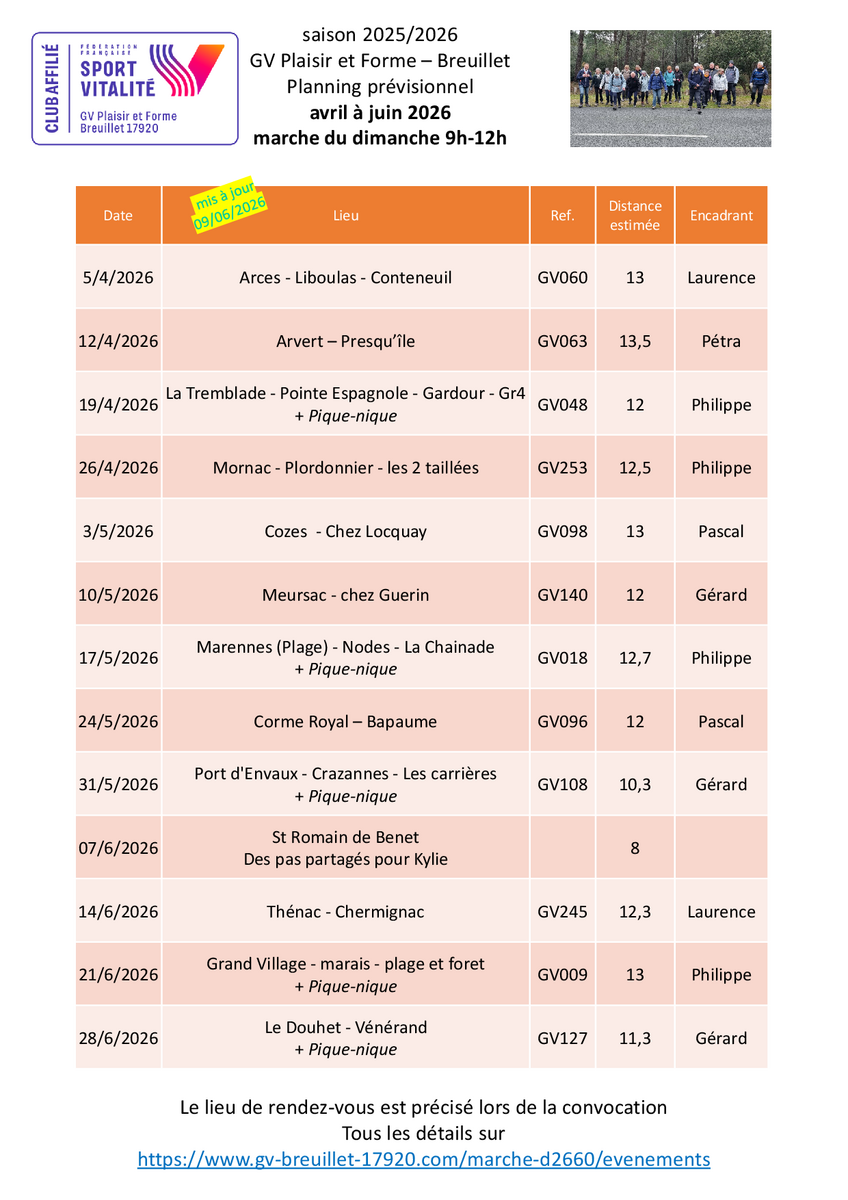 Le programme des marches du dimanche 9h - 12h pour le 2ème trimestre 2026