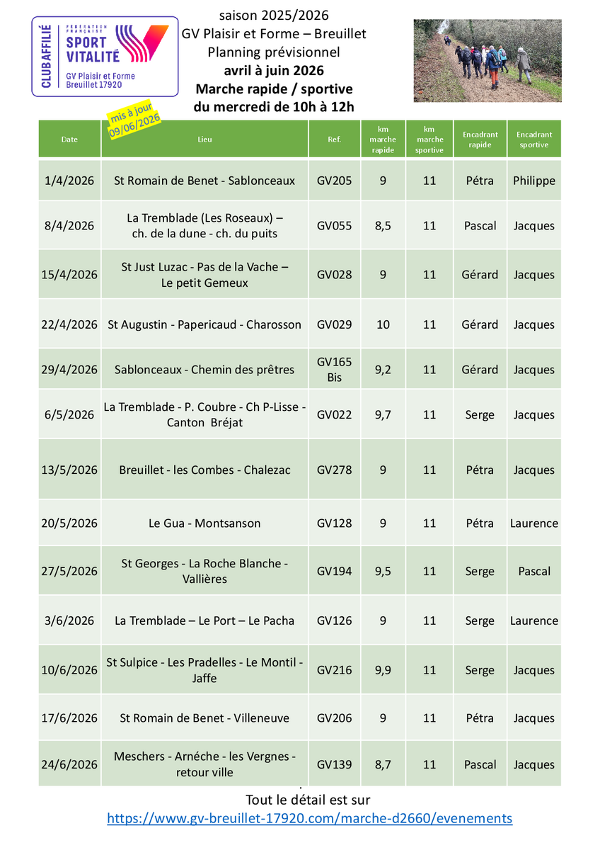 Le programme des marches du mercredi 10h - 12h pour le 2ème trimestre 2026