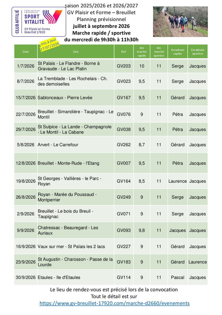 Le programme des marches du mercredi 9h30 - 11h30 pour le 3ème trimestre 2026