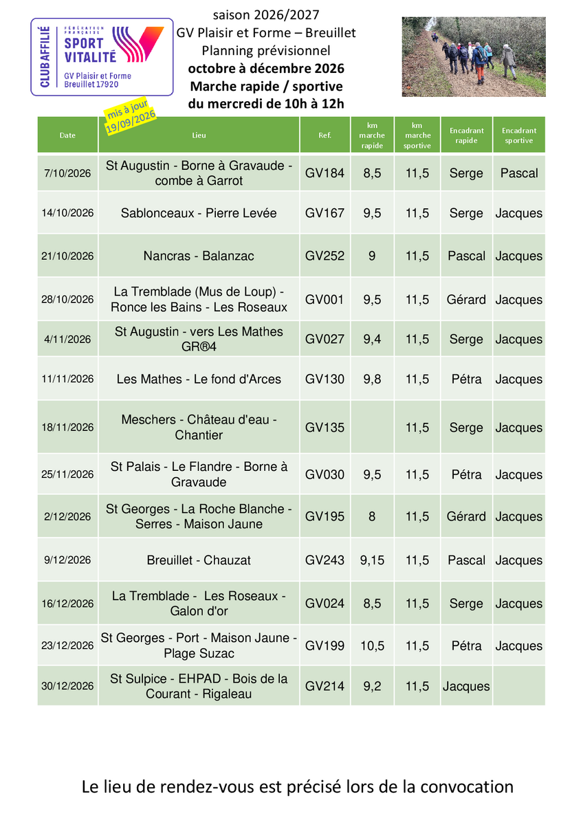 programme des marches du mercredi 10h-12h pour le 4ème trimestre 2026