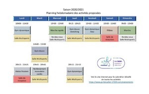 Planning hebdomadaire des activités proposées - saison 2020/2021