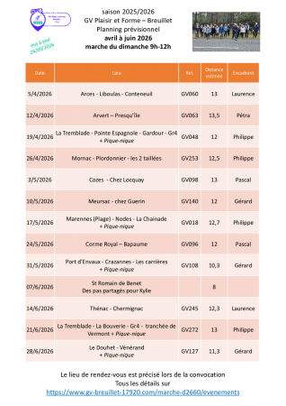 Le programme des marches du dimanche 9h - 12h pour le 2ème trimestre 2026