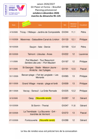 Le programme des marches du dimanche 9h-12h pour le 4ème trimestre 2026