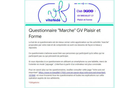 Le questionnaire &quot;Marche&quot; et séjours est ouvert