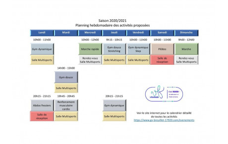 Planning hebdomadaire des activités proposées - saison 2020/2021
