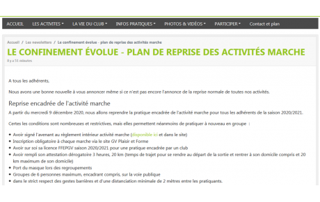 Une nouvelle &quot;Newsletter&quot; - reprise de l'activité Marche - 05/12/2020
