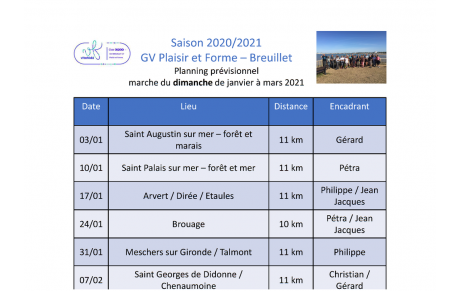 Le programme des marches du dimanche de janvier à mars 2021 est disponible