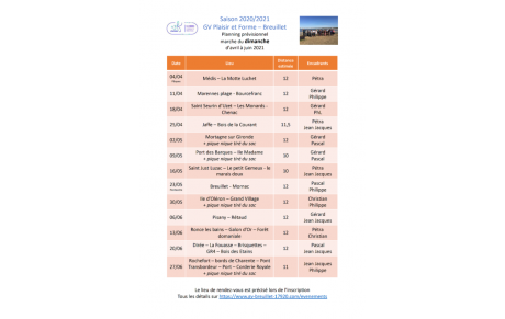 Le programme des marches du dimanche d'avril à juin 2021 est disponible