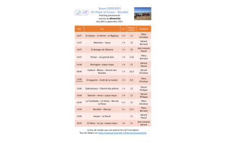 Le programme des marches du dimanche pour juillet, août et septembre 2021