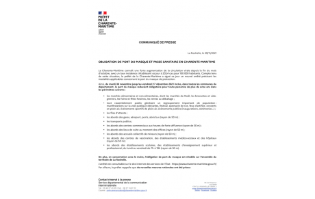 Obligation de port du masque et passe sanitaire en Charente Maritime - 29/11/2021