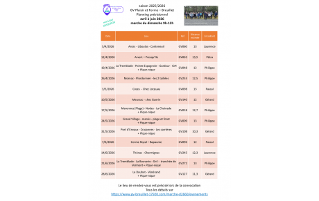 Le programme des marches du dimanche 9h - 12h pour le 2ème trimestre 2026