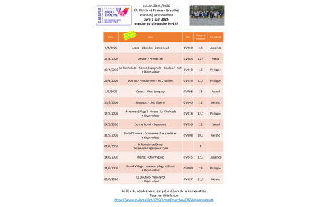 Le programme des marches du dimanche 9h - 12h pour le 2ème trimestre 2026